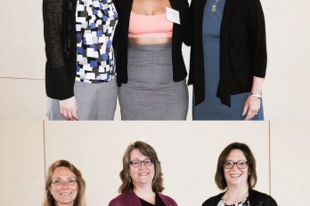 Portraits of Raquel Bryant and Dr. Michele Cooke, posing with Dean Dr. Tricia Serio and Department Head Dr. Julie Brigham-Grette