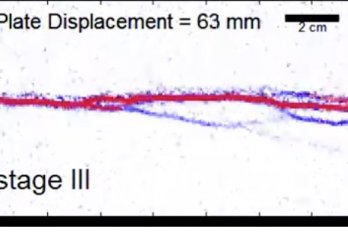 A frame from an animation of the evolution of shear strain in a claybox experiment. A red line, denoting a zone of high strain, horizontally bisects a white background, with blue, lightning-like lines branching off of it sub-parallel to the red line. 