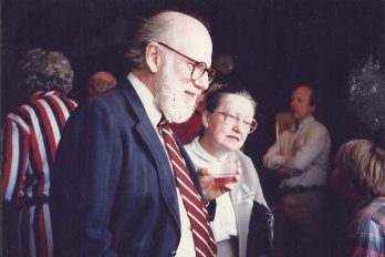 Scanned film photo of Dr. Jon Hubert with his late wife Mary-Alice at a party, looking to right outside frame, some time in the laye 1980's.