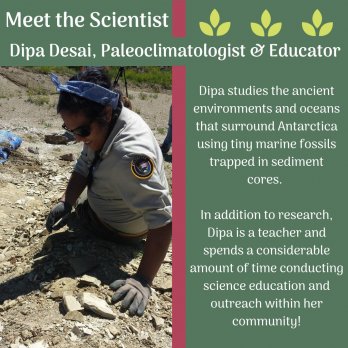 Photo of Dipa Desai in park service uniform sitting on rock slope, examining rock.  Text surrounding photo.