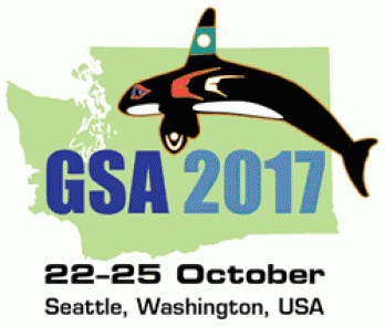 Logo for the GSA 2017 international meeting, featuring a stylized logo of a killer whale that features elements of local indigenous art that was likely culturally appropriated by whichever White designers GSA hired.