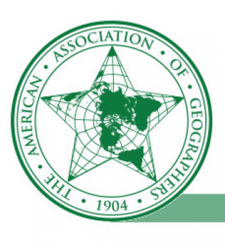 Logo of the American Association of Geographers, resembling a green linework sherrif's badge with 5 point star.  Within the star is a north-poleward projection of the globe with lat-long meridians.